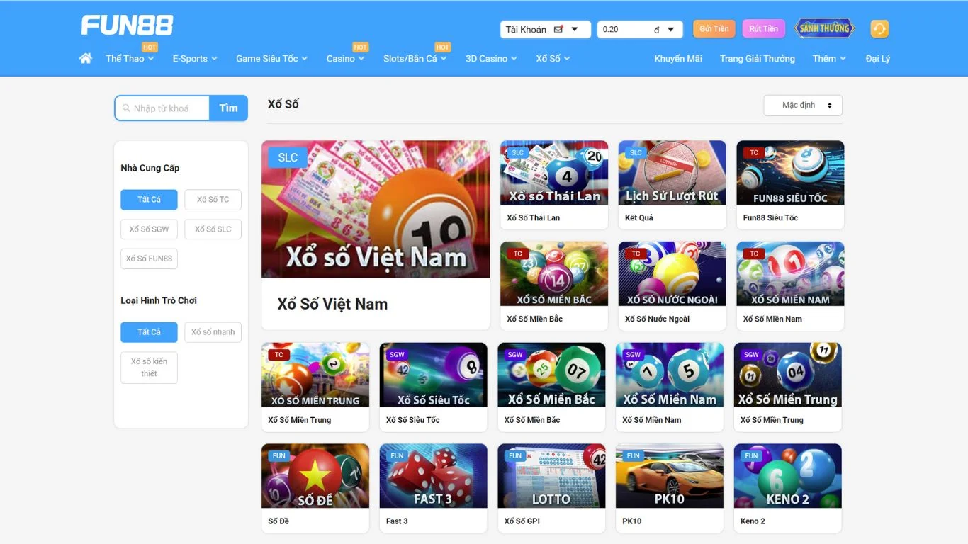 Các trò chơi xổ số hot tại FUN88