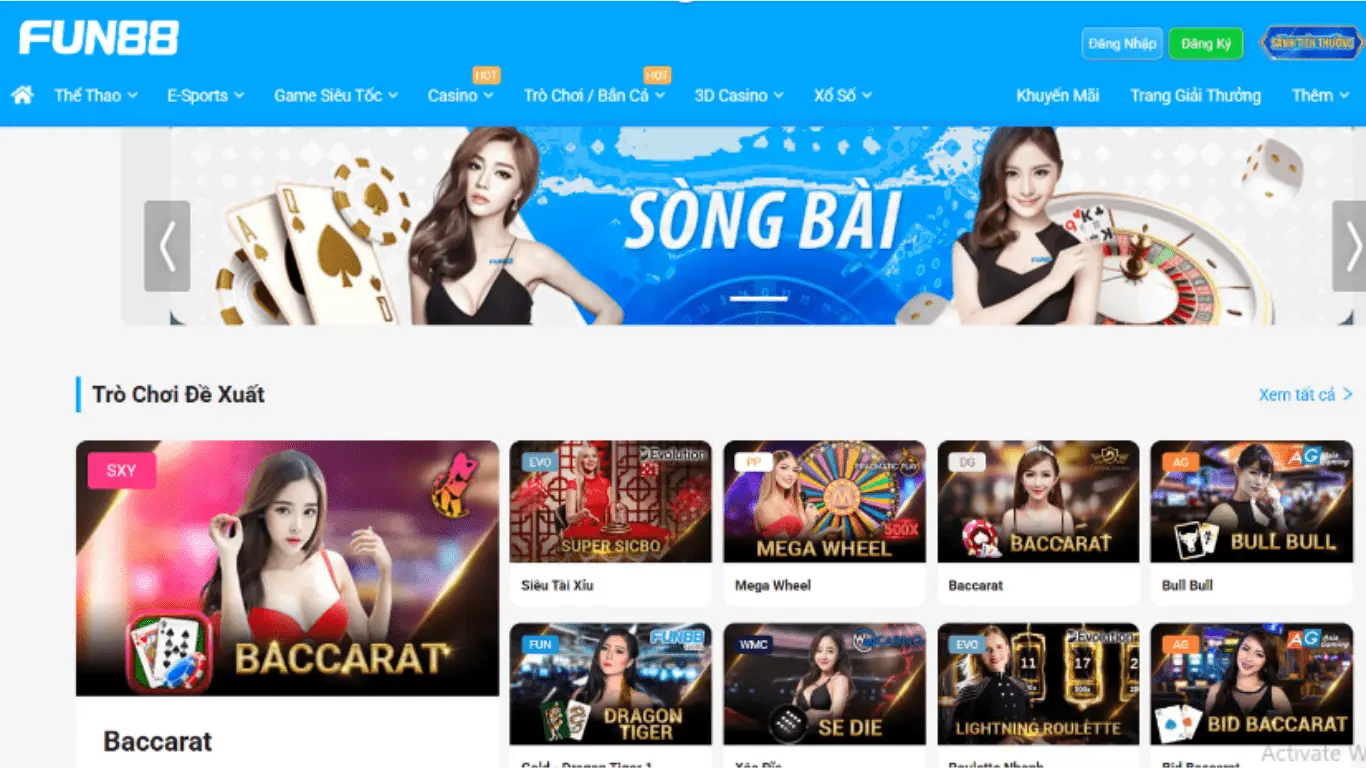 Giao diện các trò chơi casino trực tuyến tại FUN88