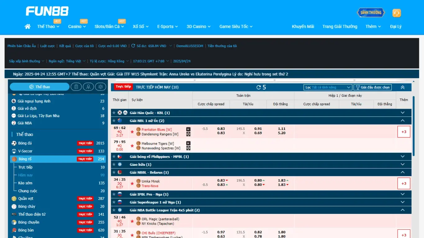 Giao diện soi kèo bóng rổ tại FUN88