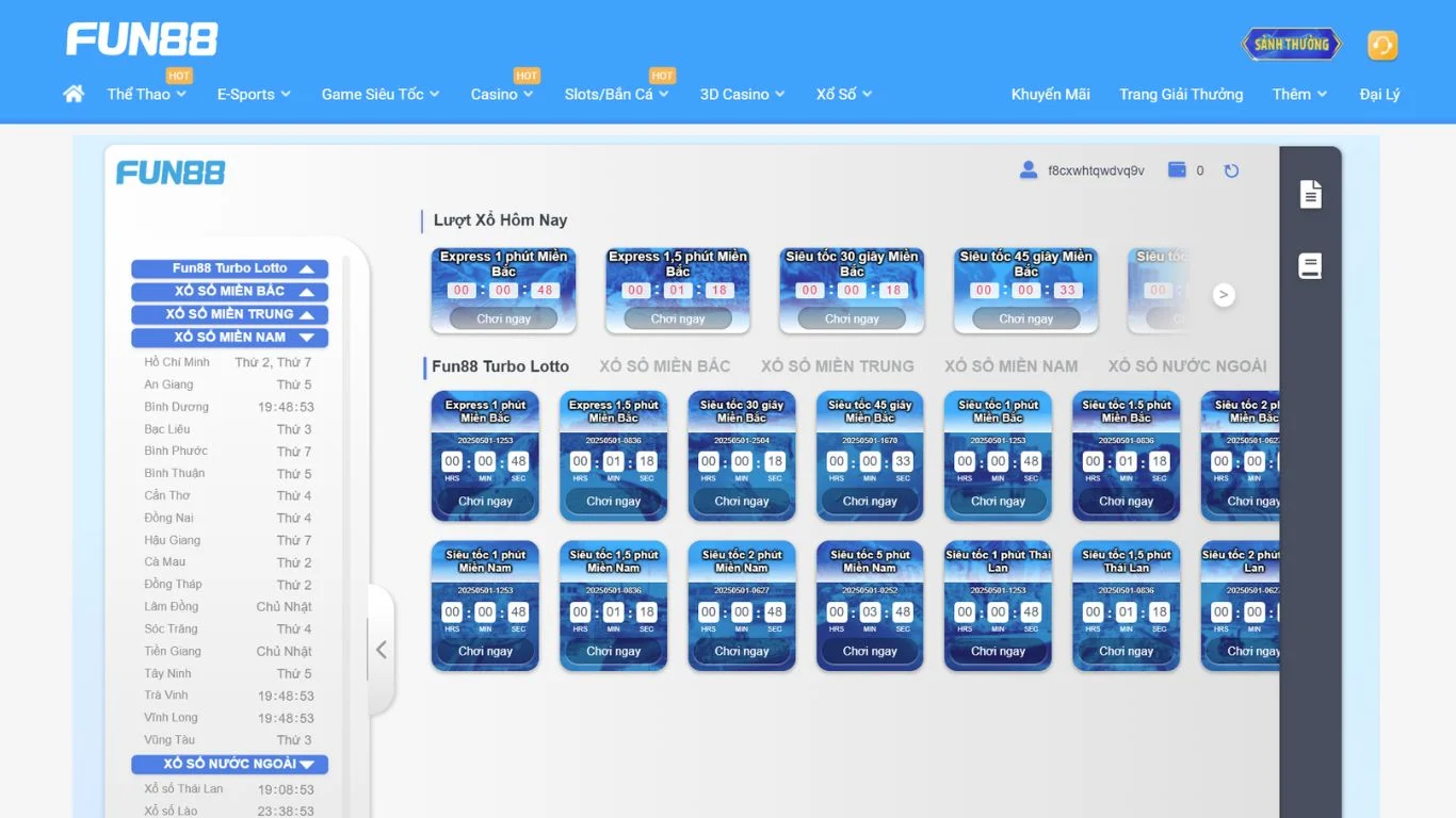 Giao diện trò chơi xổ số tại FUN88