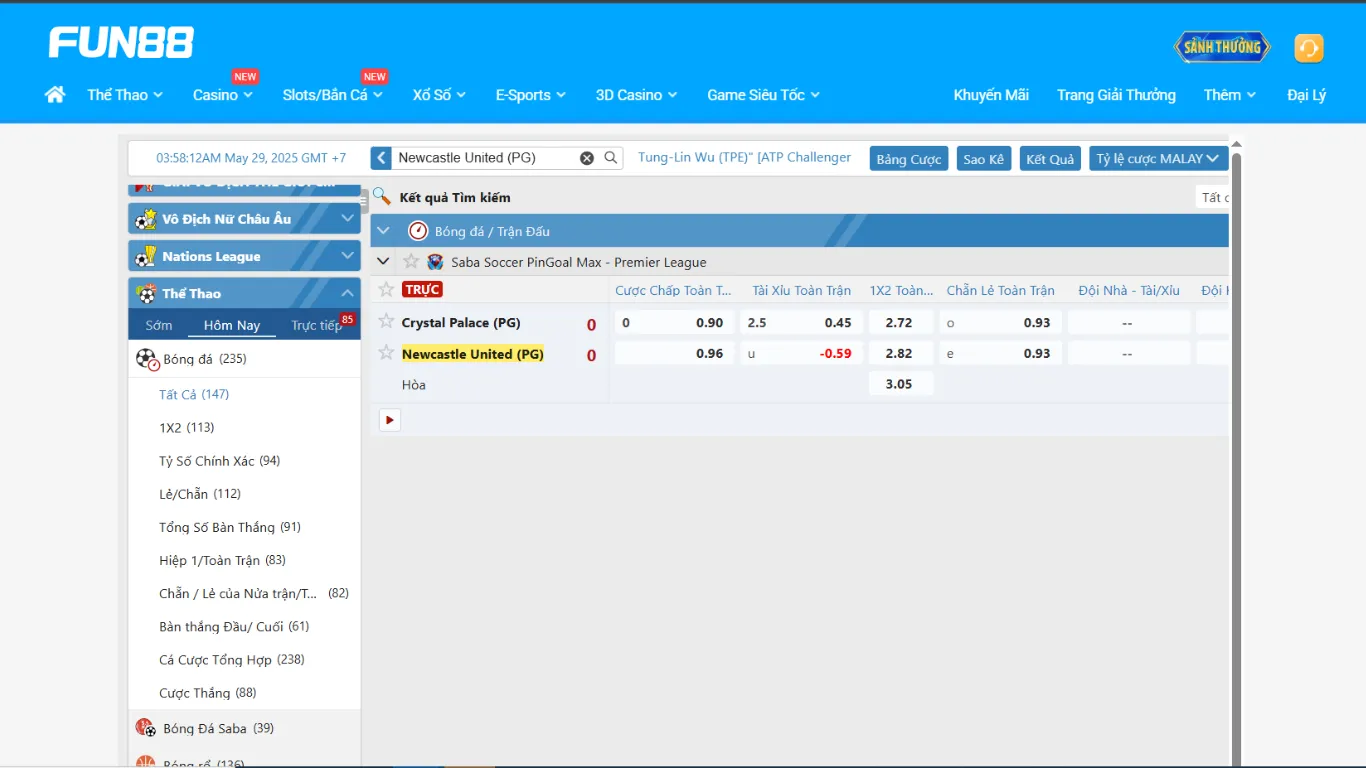 Giao diện cá cược của đội bóng Newcastle
