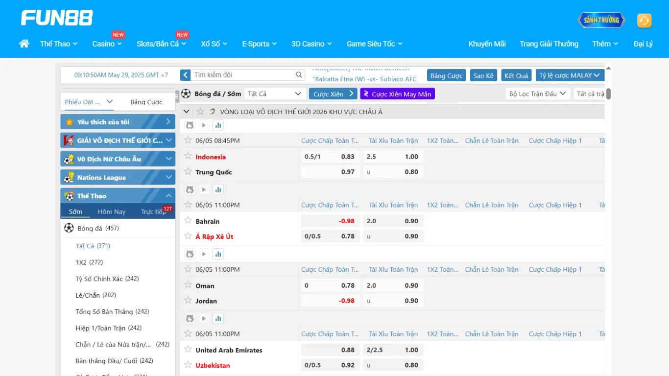 Giao diện cá cược vòng loại World Cup 2026 tại FUN88