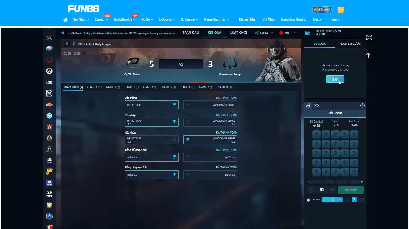 Giao diện cá cược Call of Duty tại FUN88